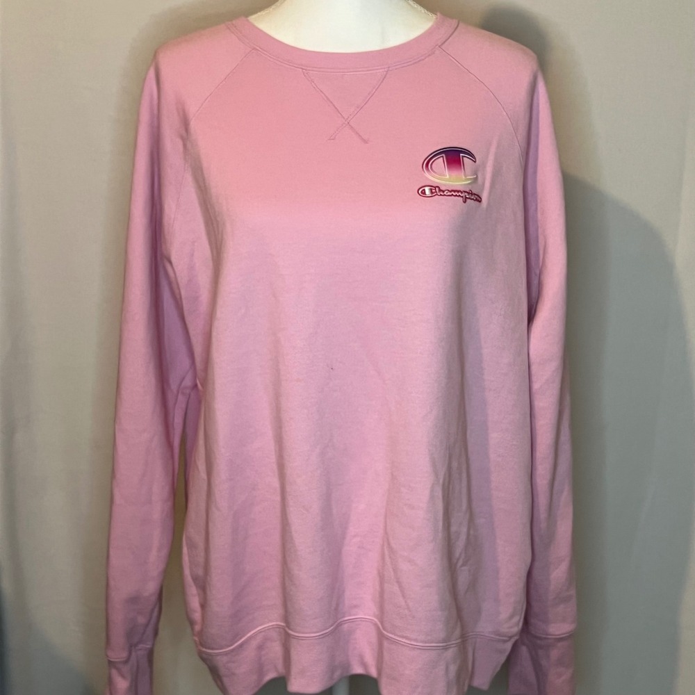 Champion Pink Raglan Sweatshirt XL Gradient Logo Fleece Pullover Mens XL